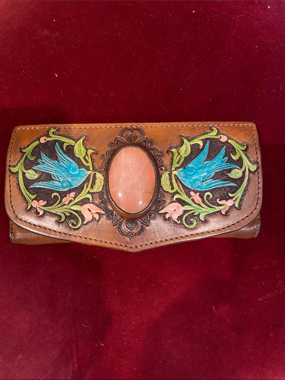 Buffalo Girl Brown Leather Wallet with Blue Bird Accent and Rose Quartz Stone